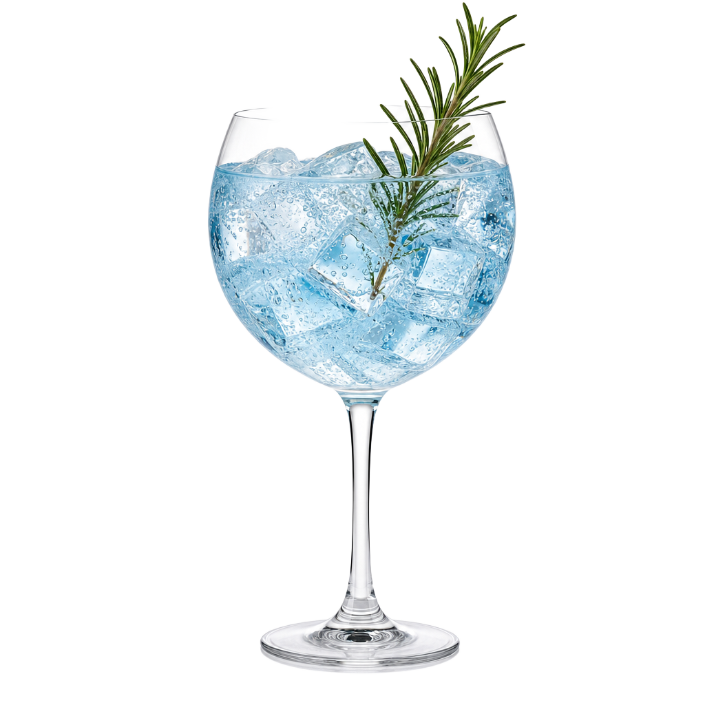 Hellblauer Gin mit Eis und Tonic Water im Glas